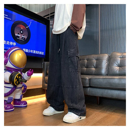 saferido Multi-Pocket Washed Cargo Pants Men Women Y2K Vintage Streetwear Loose Oversized Straight Wide-Leg Jeans Dark Green/Purple