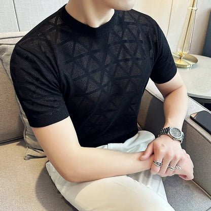 saferido British Style Summer Hollow Out Short Sleeve Knit T Shirts for Men Clothing Fashion Elastic Slim Fit Casual Tee Shirt Homme 4XL