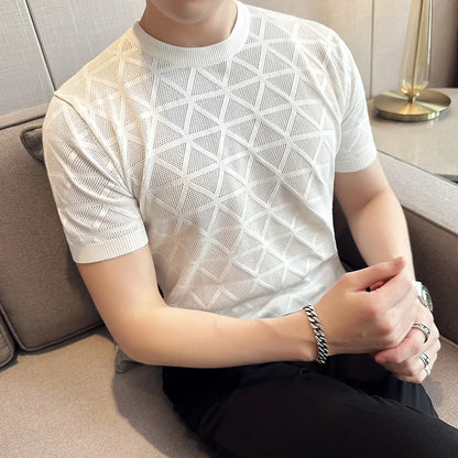 saferido British Style Summer Hollow Out Short Sleeve Knit T Shirts for Men Clothing Fashion Elastic Slim Fit Casual Tee Shirt Homme 4XL