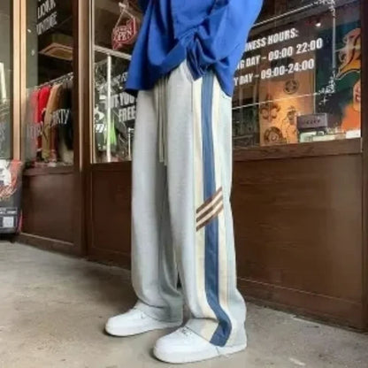 saferido Youth Korean Trendy Loose Straight Casual Pants Patchwork Elastic Waist Pockets Stripe Contrast Sports Loose Wide Leg Trousers