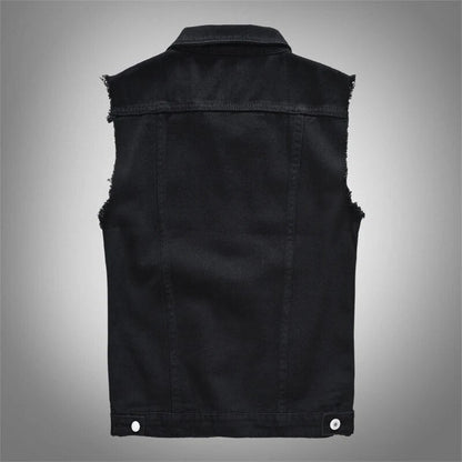 New Vintage Design Mens Denim Vests Retor Sleeveless Jackets Men Ripped Hole Jean Waistcoats Clothing jaqueta masculina