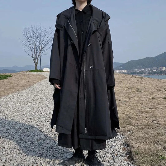 saferido Dark British Style Long Hooded Zipper Windbreaker Streetwear Personality Temperament Versatile Oversized Coat 2024 Autumn Unisex