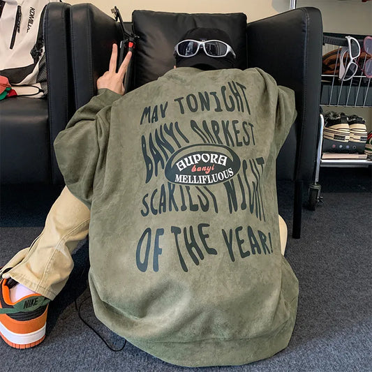 Autumn New Suede Sweatshirts Man Loose Urban Gothic Style Letter Printing Fashion Pullovers Street Tops Sweatshirt Harajuku Y2k