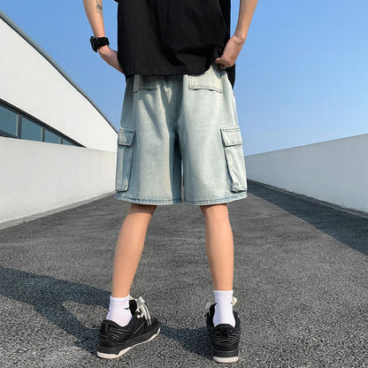 saferido Korean Summer Men's Wide Leg Denim Shorts New Fashion Loose Casual Elastic Waist Large Pocket Work Shorts Men's Brand Clothing