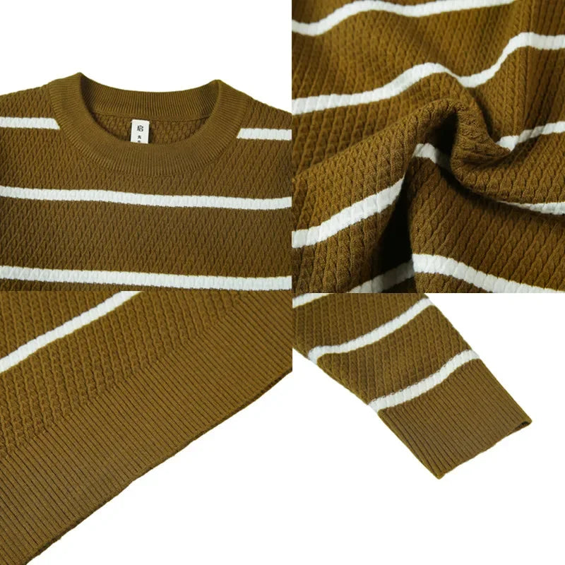 saferido Men High Quality Winter Basic Round Neck Sweaters Casual Soft Warm Long Sleeve Sweater Korean Knitted Stripe Pullover 4XL-M