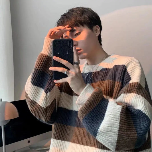 saferido Man Clothes Striped Long Knitted Sweaters for Men Brown Pullovers S 90s Vintage Y2k A Korean Autumn Jumpers Neck Overfit X