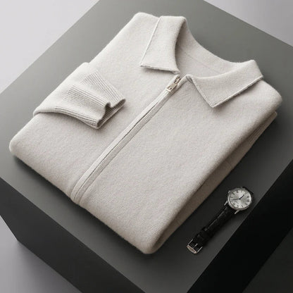 Men's Cardigan 100% Merino Wool Knitted Zippered Jacket  Autumn and Winter Thickened Long Sleeved Men's Sweater Lapel Shirt