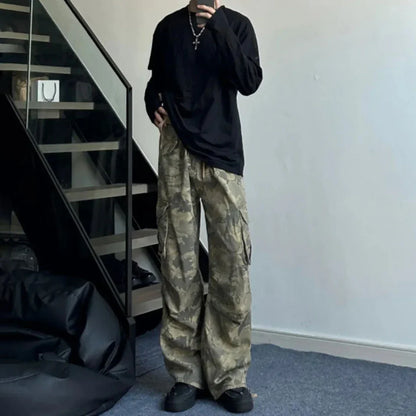 saferido Mens Y2k American Retro Pocket Camouflage Straight Pants Genderless Trendy Hip-Hop Workwear Style Loose Wide-Leg Pants Unisex