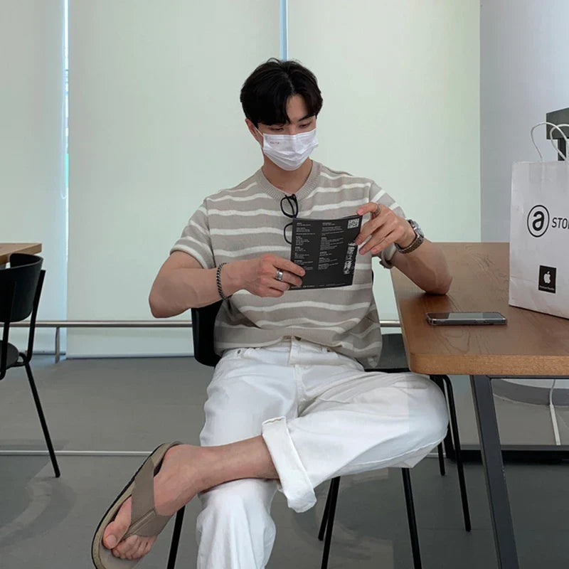 Men's Clothing Leisure Luxury Knitted T Shirt Fashion O Neck Striped Short Sleeve Tees for Men Korean Popular Knitwear Summer