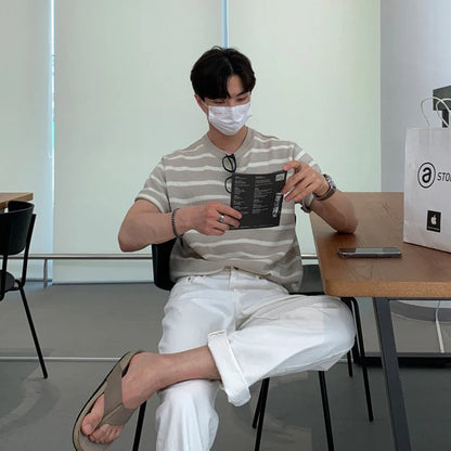 Men's Clothing Leisure Luxury Knitted T Shirt Fashion O Neck Striped Short Sleeve Tees for Men Korean Popular Knitwear Summer