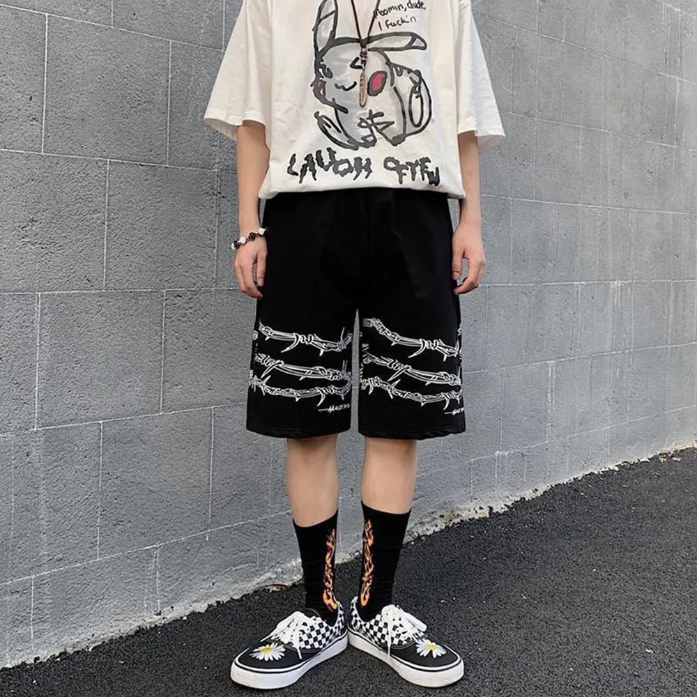 saferido Mens Casual Shorts Summer Hip-Hop Street Harajuku Style Personalized Print Simple Sports Shorts Boys Loose Straight Pants