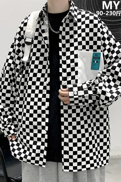 saferido High street ins checkerboard long sleeved shirt men's spring clothes plus fat plus size trendy fat people loose casual coat