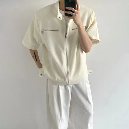 saferido Korean Fashion Male Zipper Shirts Summer Trendy Casual Short Sleeved Tops New Male Solid Cardigan Stand Collar Functional Shirt