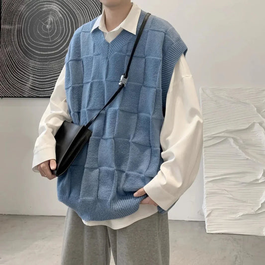 saferido Spring Autumn Fashion Solid Casual Pullover Tess Vest Men Loose Knitted Top Student Preppy Style Sweater Gentle Retro Patchwork