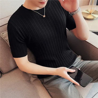 Brand Clothing Men's Summer Leisure Short Sleeve T-Shirt/Male Slim Fit O-Neck Stripe Knitted T-Shirt Plus Size S-4XL