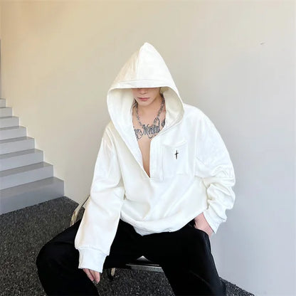 saferido Korean Spring Streetwear Collar black white Sweatshirt Men Spring Korean Loose Trendy Casual Coat Male Hoodies Sweatshirts