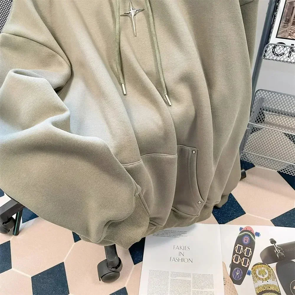 saferido American Style Retro Design Sense Four Pointed Star High Collar Hooded Sweater for Men and Women Trend Winter Thick Top Coat