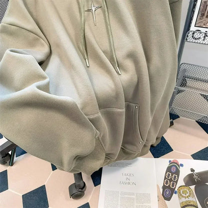 saferido American Style Retro Design Sense Four Pointed Star High Collar Hooded Sweater for Men and Women Trend Winter Thick Top Coat