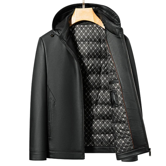 Men Winter Natural Genuine Leather Down Coat Vertical Tie Hat White Duck Down Fill Super Warm Sheepskin Material Fashion