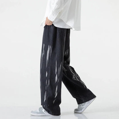 saferido American tie dye washed denim jeans men's spring and autumn new style loose straight tube versatile wide leg