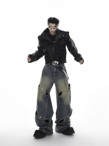 Wide Leg Jeans Pants Men Streetwear Baggy Distressed Denim Trousers Male Oversize Hollow Out Casual Korean Hip Hop