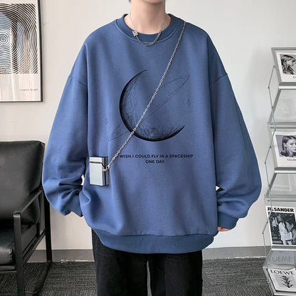 Winter Warm Sweatshirts New Men Simple Stroke Moon Graphic Pullovers Oversized Korean Style Man Letter Print O Neck Tops