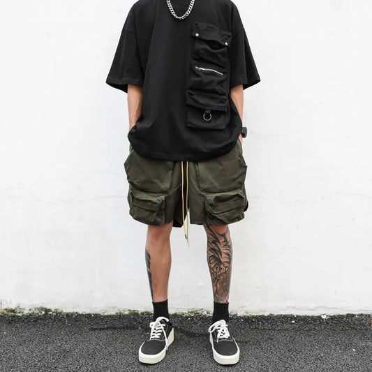 saferido High Street American Multi Pocket Functional Work Shorts Men's Street Retro Hip Hop Loose Casual Capris Trend