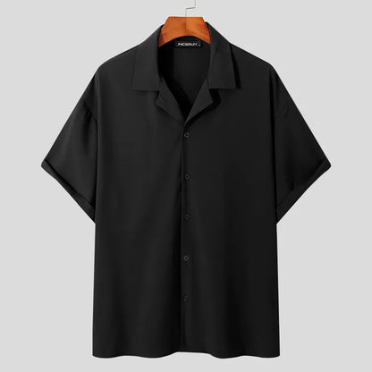 Men Casual Shirt Lapel Short Sleeve Button Streetwear Summer Men Clothing Solid Color Korean Fashion Shirts S-5XL