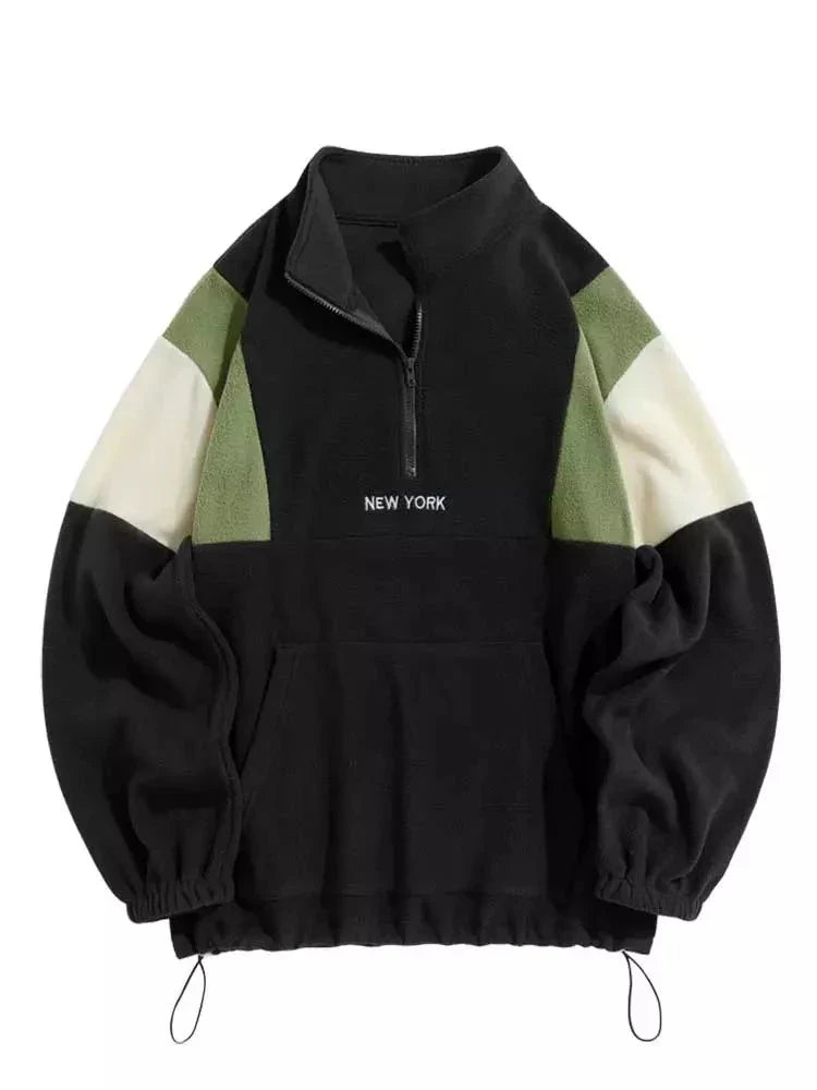 Hoodie for Men Fluffy Polar Fleece Sweatshirts New York Embroidery Turtleneck Hoodies Pullover Color Block Zipper Sweats