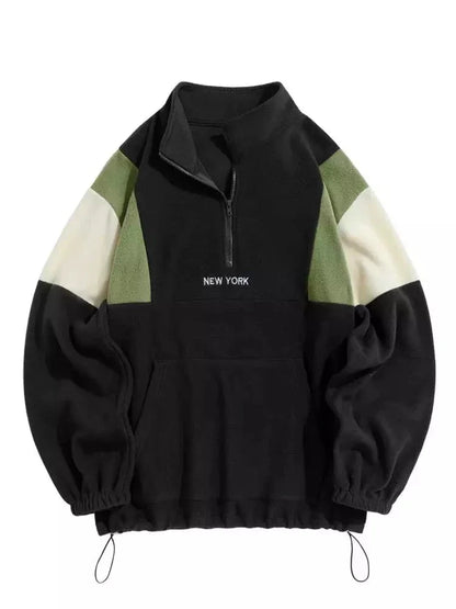 Hoodie for Men Fluffy Polar Fleece Sweatshirts New York Embroidery Turtleneck Hoodies Pullover Color Block Zipper Sweats