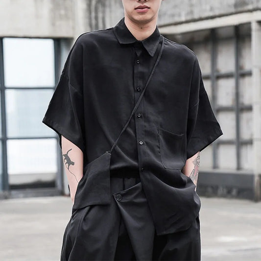 saferido Black Oversized Short Sleeve Shirt Men's Korean Style Drop Shoulder Shirt Harajuku Loose Single Breasted Shirt