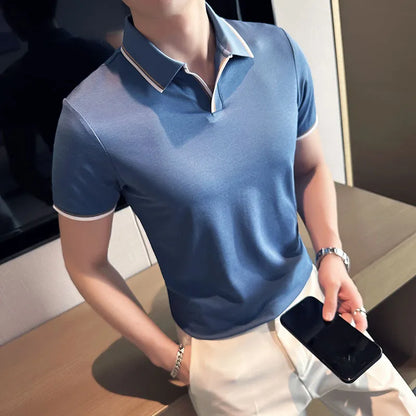 saferido  Summer New Style Men's Casual Slim Fit Short Sleeve Solid Color POLO Shirt British Slim Lapel Color Blue T-shirt Polo S-4XL
