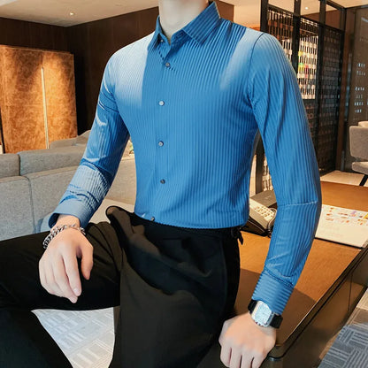 saferido Spring Autumn Long Sleeve Men Vintage Shirts Fashion stripe Slim Fit Korean Mens Shirt Luxe Homm Office Dress Shirts S-4XL
