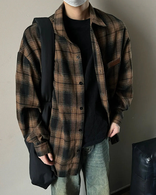 saferido Autumn Long Sleeved Shirt Men Fashion Retro Casual Shirt Men Streetwear Korean Loose Plaid Shirt Mens Vintage Shirts Large Size