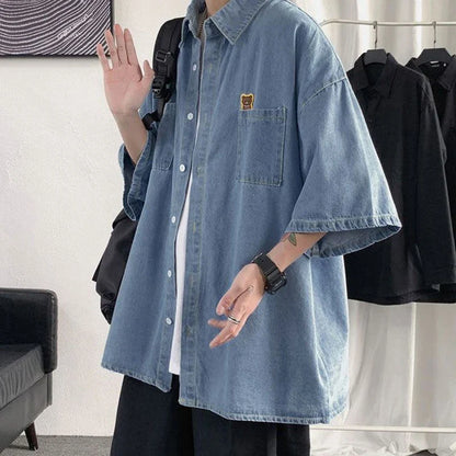 saferido Turn-down Collar Loose Man Shirts Handsome Short Sleeve Button Pockets Solid Korean Fashion Casual Spring Summer Men's Clothing