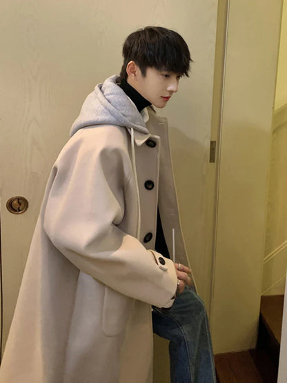 Hooded Blends Men Korean Style Lace-up Spliced Single Breasted Spring Autumn Temperament Streetwear Tender Advanced Classic