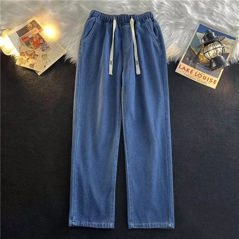 saferido Spring And Autumn Harajuku Hong Kong Style Simple Loose Trend Ins Versatile Casual Drawstring Straight Long Pants Jeans For Men