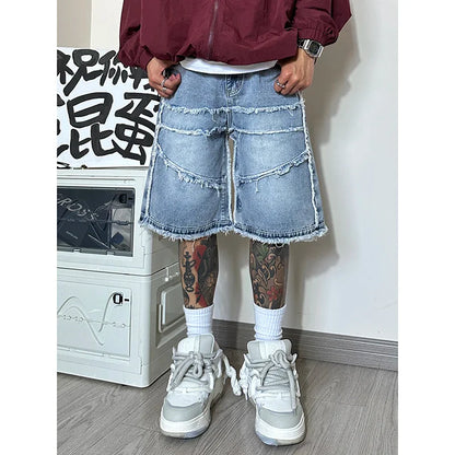 American High Street Men's Wide Leg Denim Shorts Summer New Fashion Casual Baggy Short Jeans Male Chic Burrs Clothes