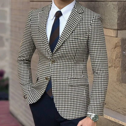 Houndstooth Plaid Blazer for Men One Piece Suit Jacket with 2 Side Slit Slim Fit Casual Male Coat Fashion Clothes