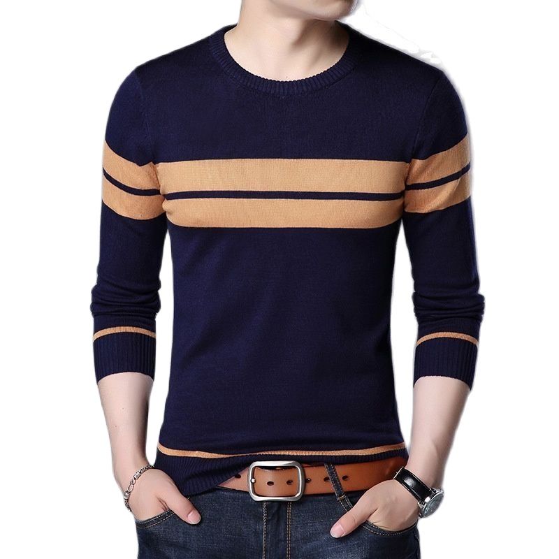Autumn Men's Knitted Sweater T Shirt Comfy O Neck Long Sleeve Pullover Stripe Patchwork Jumper Casual Bottoming Shirt for Winter