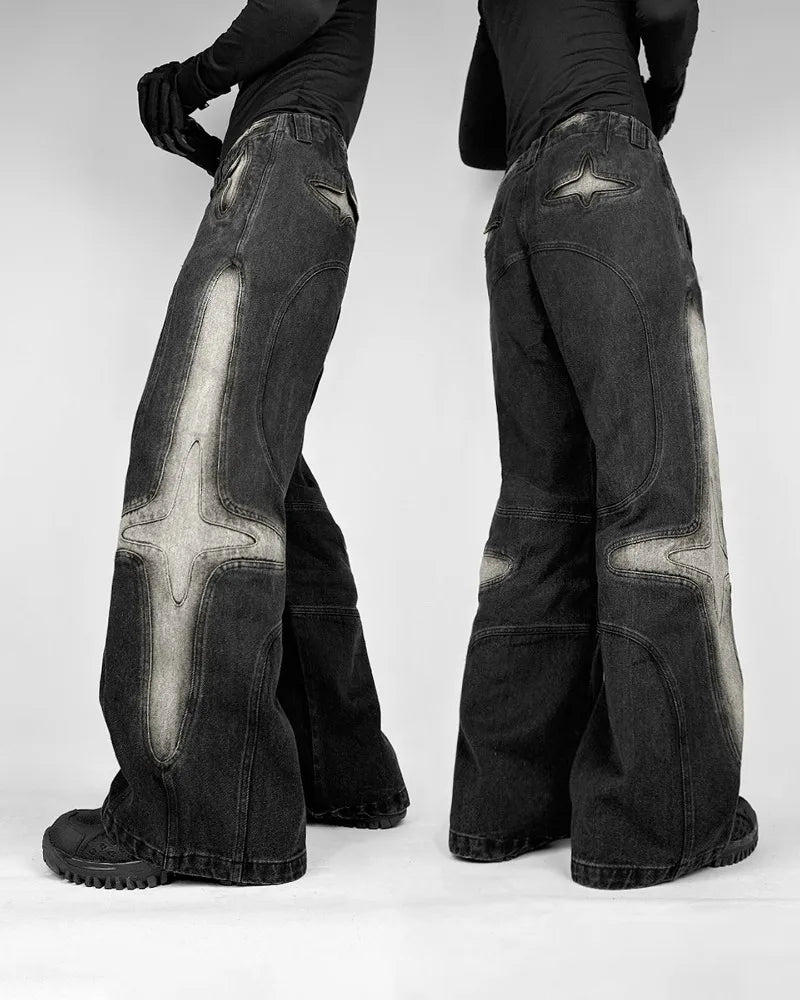 Street Vintage New Fashion Washed Old Black Baggy Jeans Men Y2K Harajuku Hip Hop Pop Gothic Leisure High Waist Wide Leg Trousers