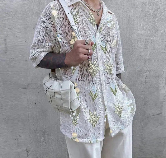 Stylish Casual Style Tops Men's See-through Tracery Printing Pattern Blouse Male Hot Selling Short Sleeved Shirts S-5XL