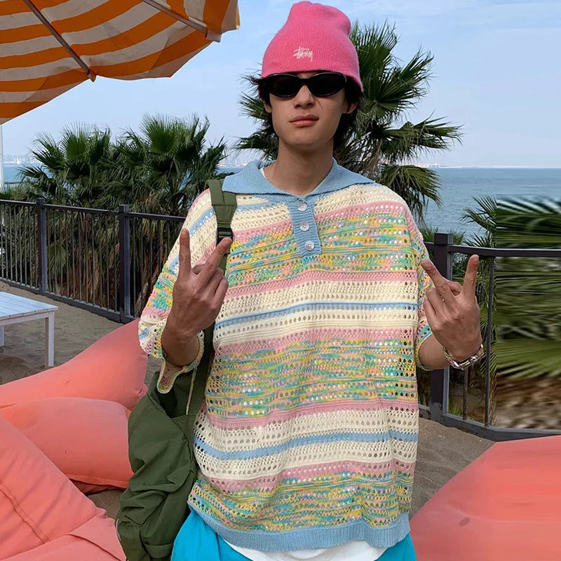 Summer Men's Clothing Luxury Striped Hollow Out Knitted Polo Shirt Retro Short-sleeved Korean Popular Knitwear Leisure T-shirts