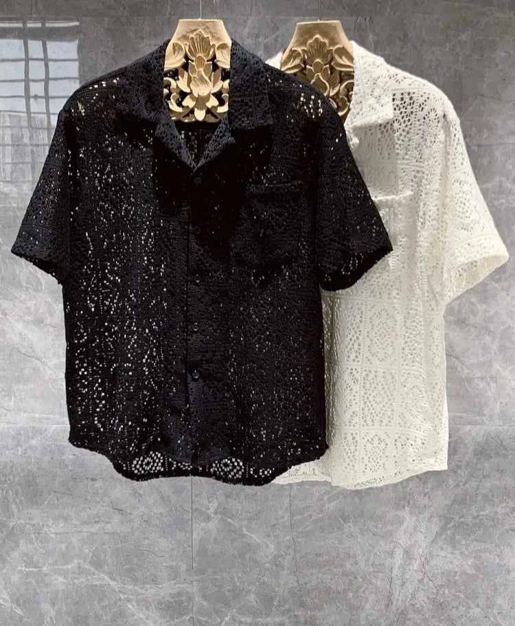 Summer Mens Hollow Out Crochet Beach Shirt Short Sleeve Single Breasted Loose Fit Tops Vintage Breathable Night Clubwear Shirts