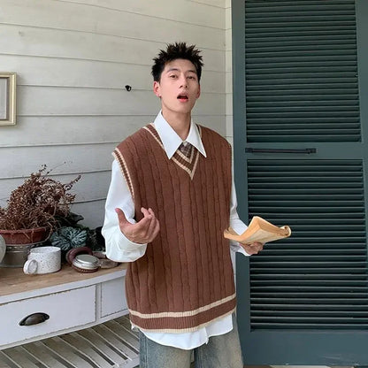 V Neck Knit Sweater Male Black Waistcoat Striped Brown Vest Men's Clothing Sleeveless Aesthetic Meme Old Korean Autumn Clothes A