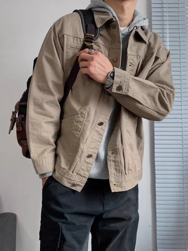 Vintage Men's Denim Jackets Spring Casual Solid Single Breasted Pocket Top Chic Loose Patchwork Oversize Cargo Jackets New