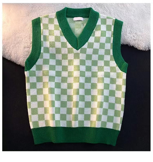 England Style Checkerboard Plaid Sweater Vest Men Vintage Fall Casual Loose Harajuku V Neck Mens Sweater Vest Sleeveless