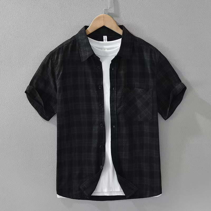 saferido Black Plaid Shirts Men Summer Loose Breathable Teens All-match Trendy Korean Fashion BF Simple Tops Streetwear Harajuku Camisas
