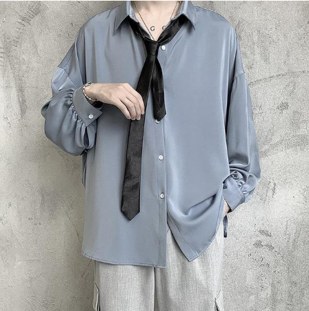 Black Long-sleeved Shirts Men Korean Comfortable Blouses Casual Loose Single Breasted Shirt With Tie