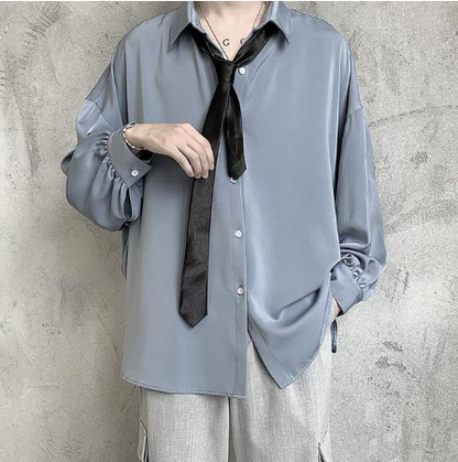 Black Long-sleeved Shirts Men Korean Comfortable Blouses Casual Loose Single Breasted Shirt With Tie